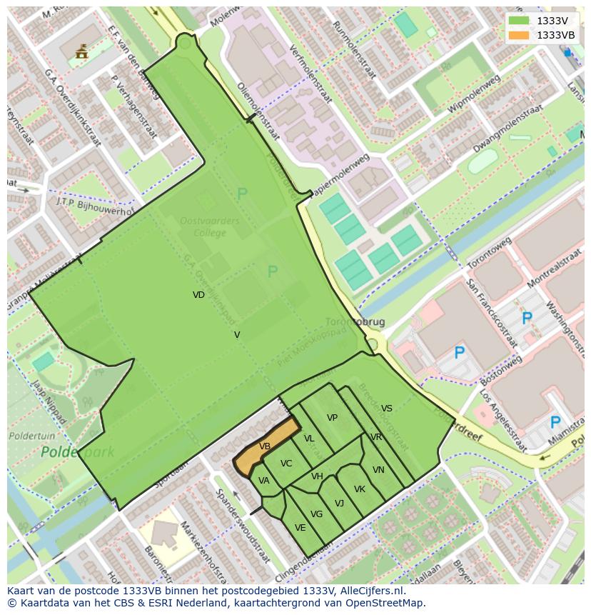 Afbeelding van het postcodegebied 1333 VB op de kaart.