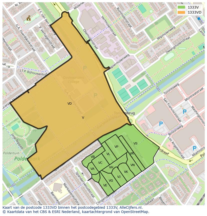 Afbeelding van het postcodegebied 1333 VD op de kaart.
