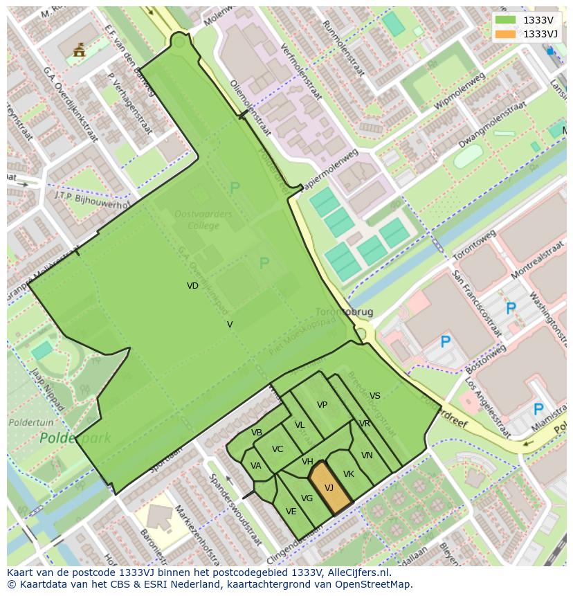 Afbeelding van het postcodegebied 1333 VJ op de kaart.