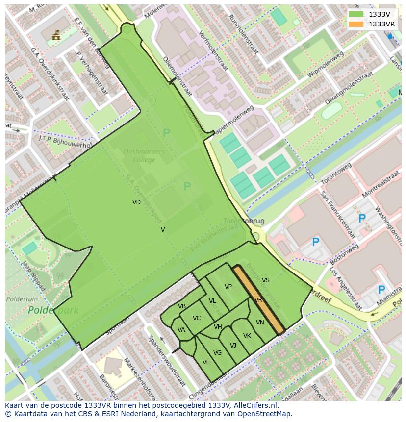 Afbeelding van het postcodegebied 1333 VR op de kaart.