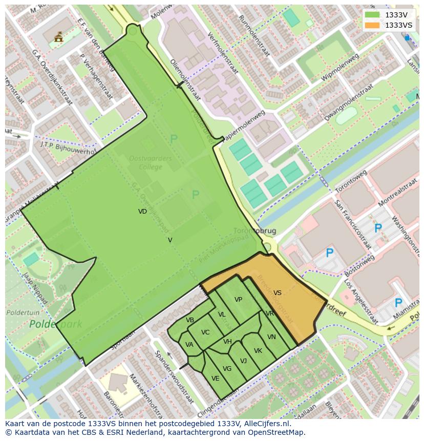 Afbeelding van het postcodegebied 1333 VS op de kaart.