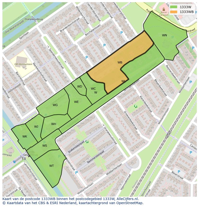 Afbeelding van het postcodegebied 1333 WB op de kaart.