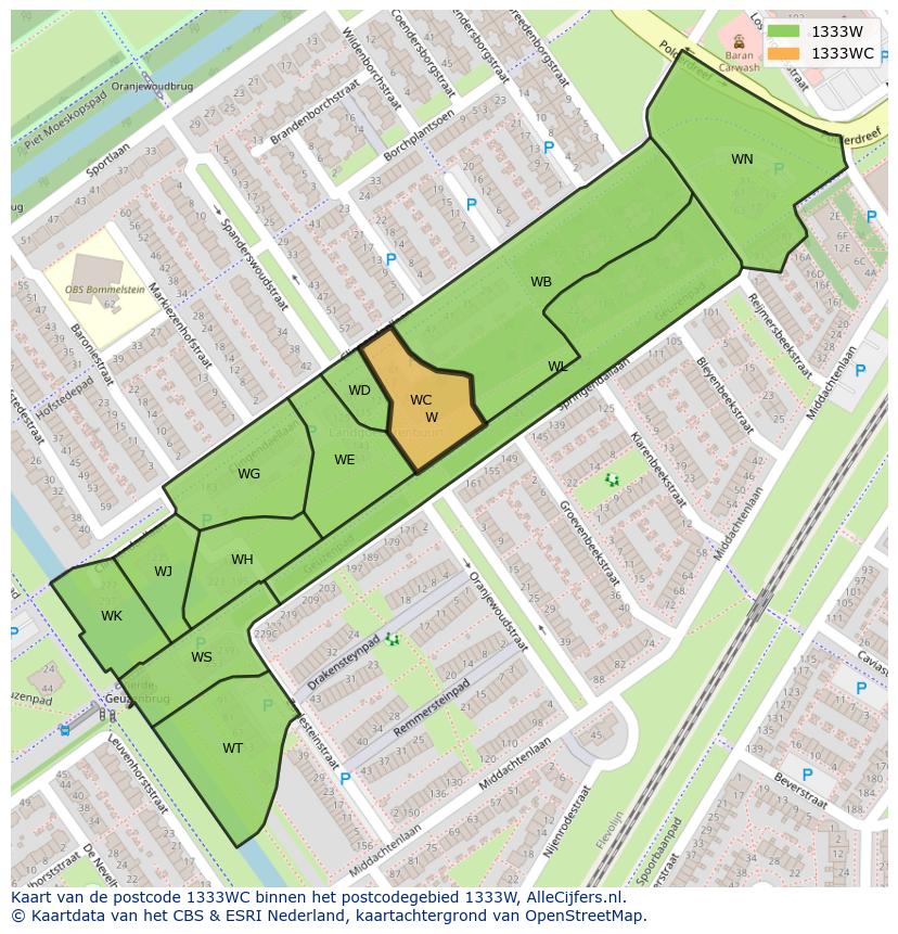 Afbeelding van het postcodegebied 1333 WC op de kaart.