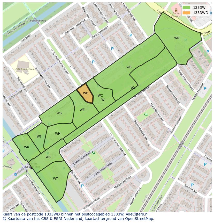 Afbeelding van het postcodegebied 1333 WD op de kaart.