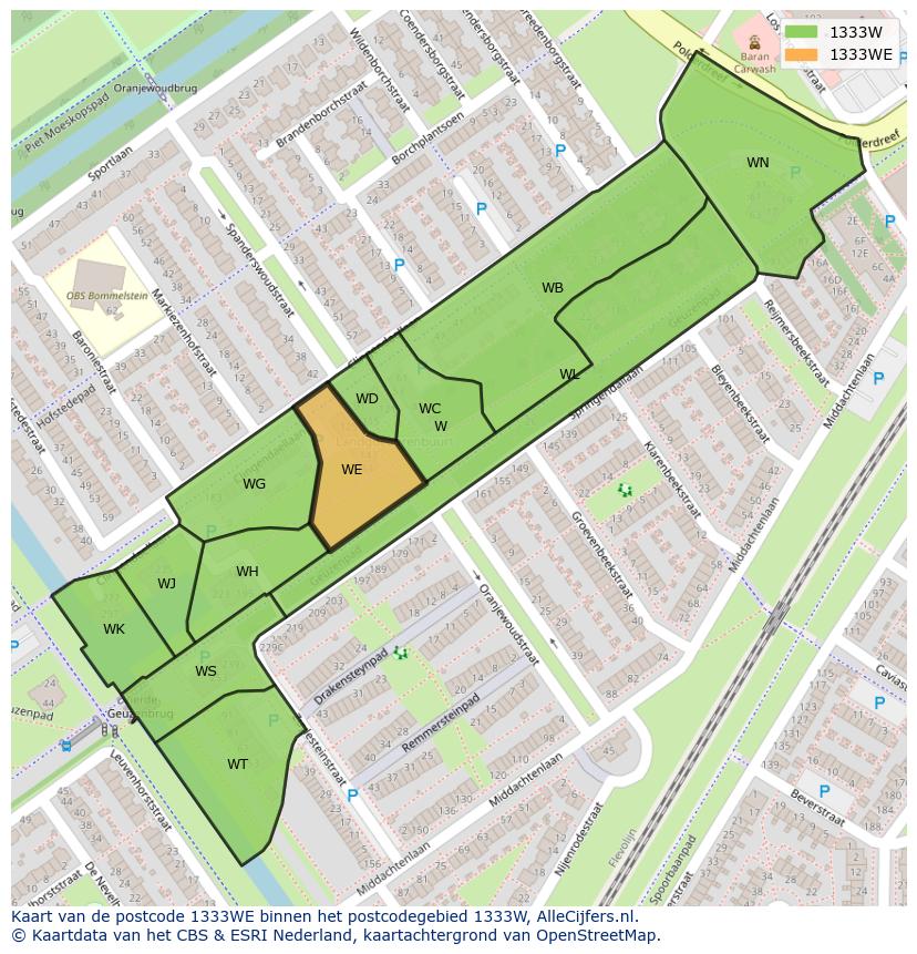 Afbeelding van het postcodegebied 1333 WE op de kaart.