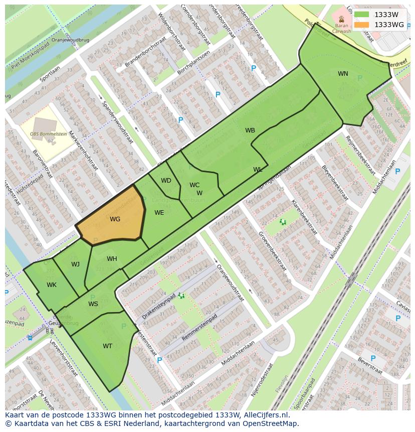 Afbeelding van het postcodegebied 1333 WG op de kaart.