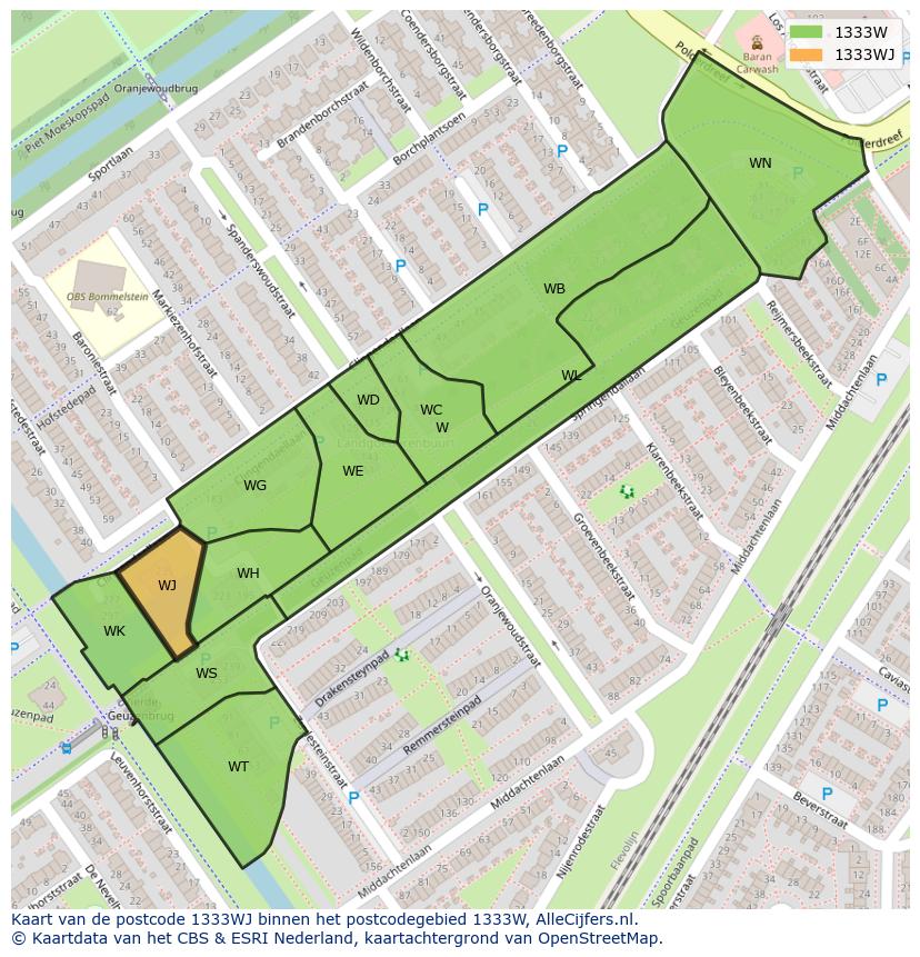 Afbeelding van het postcodegebied 1333 WJ op de kaart.