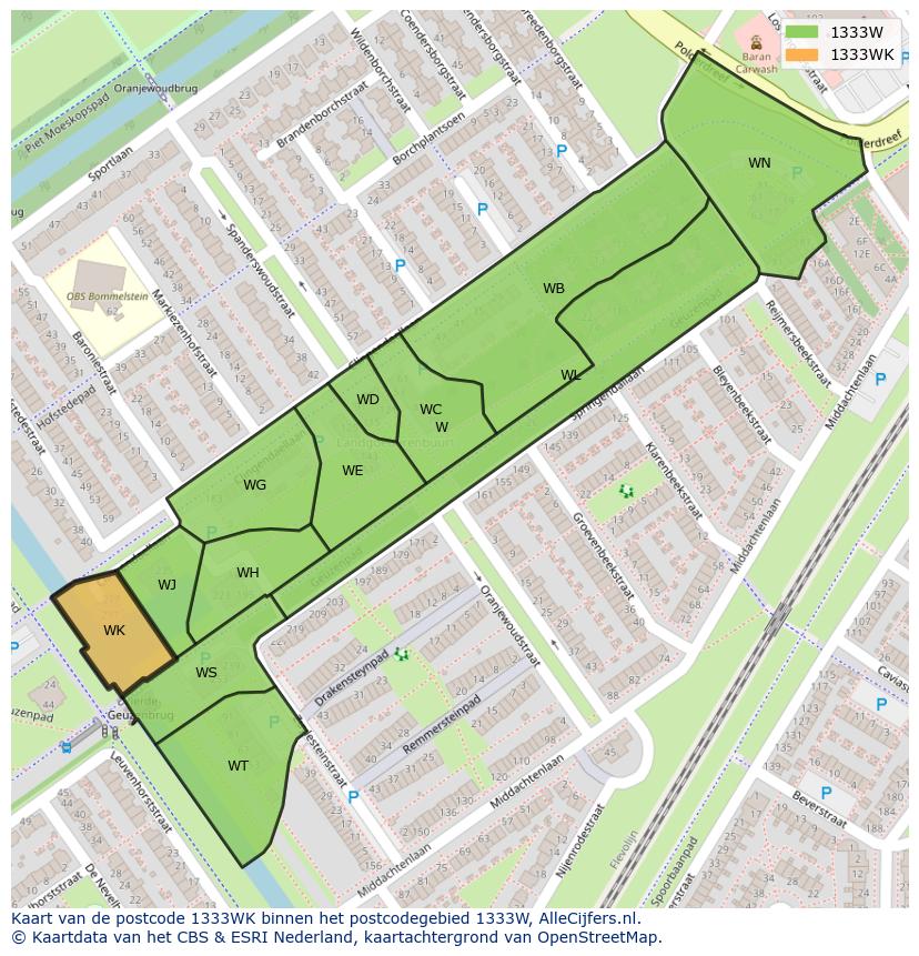 Afbeelding van het postcodegebied 1333 WK op de kaart.