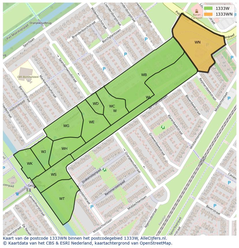 Afbeelding van het postcodegebied 1333 WN op de kaart.