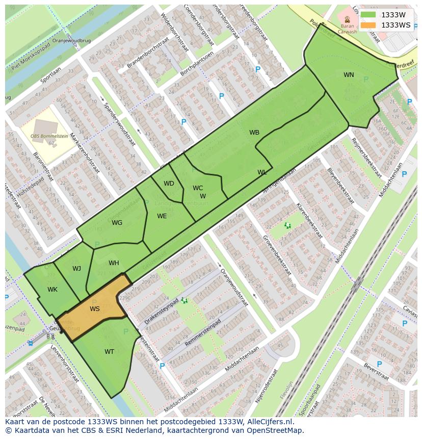 Afbeelding van het postcodegebied 1333 WS op de kaart.