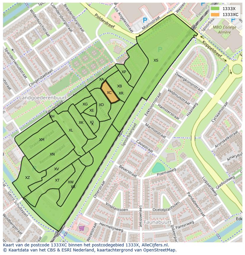 Afbeelding van het postcodegebied 1333 XC op de kaart.