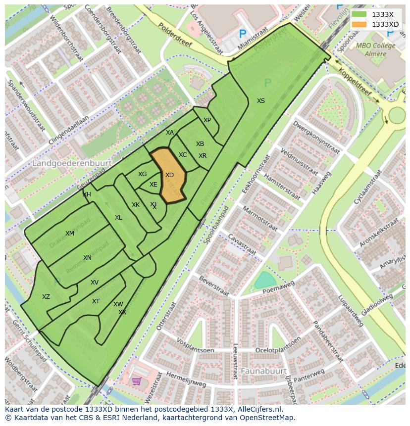Afbeelding van het postcodegebied 1333 XD op de kaart.