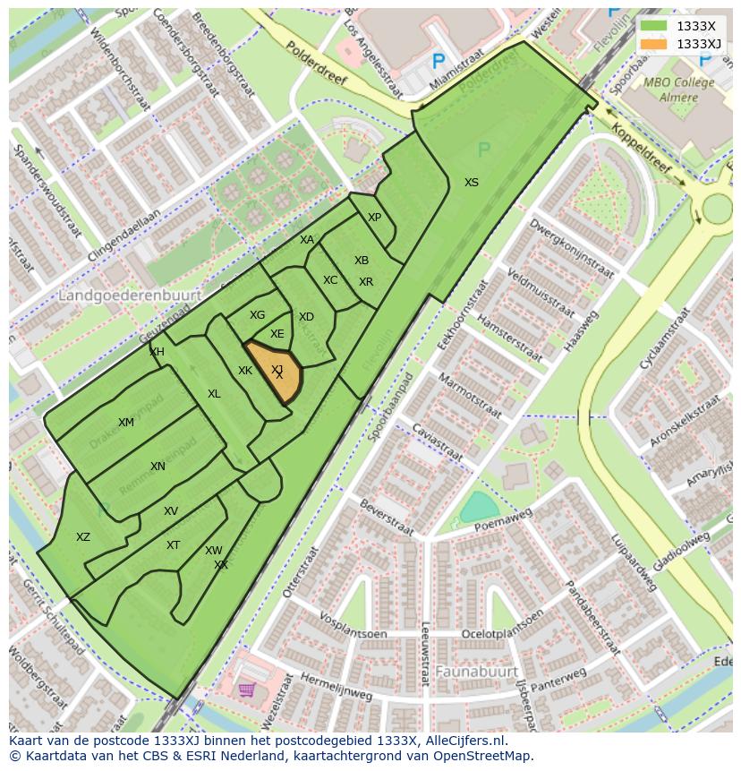 Afbeelding van het postcodegebied 1333 XJ op de kaart.