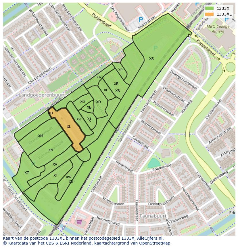 Afbeelding van het postcodegebied 1333 XL op de kaart.