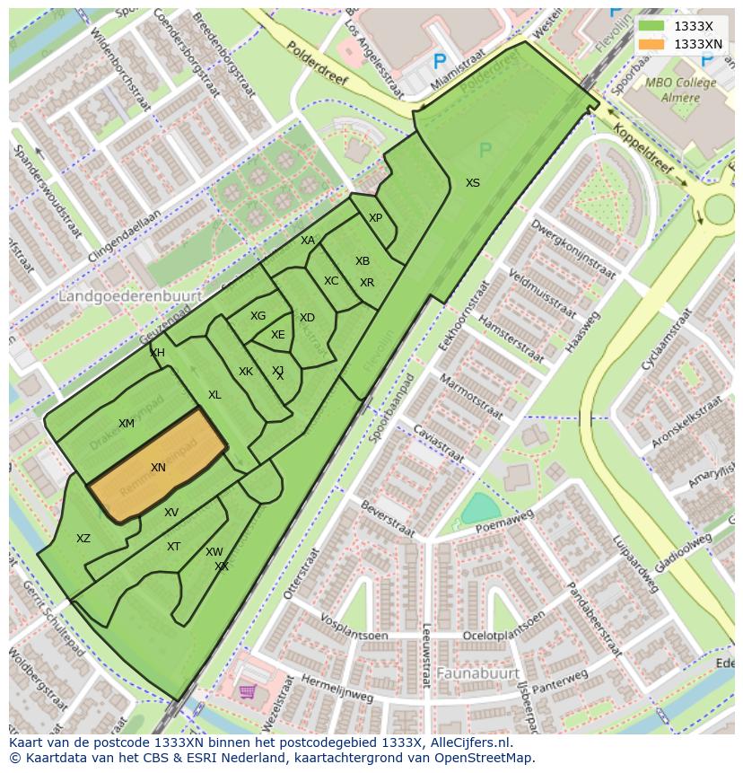 Afbeelding van het postcodegebied 1333 XN op de kaart.