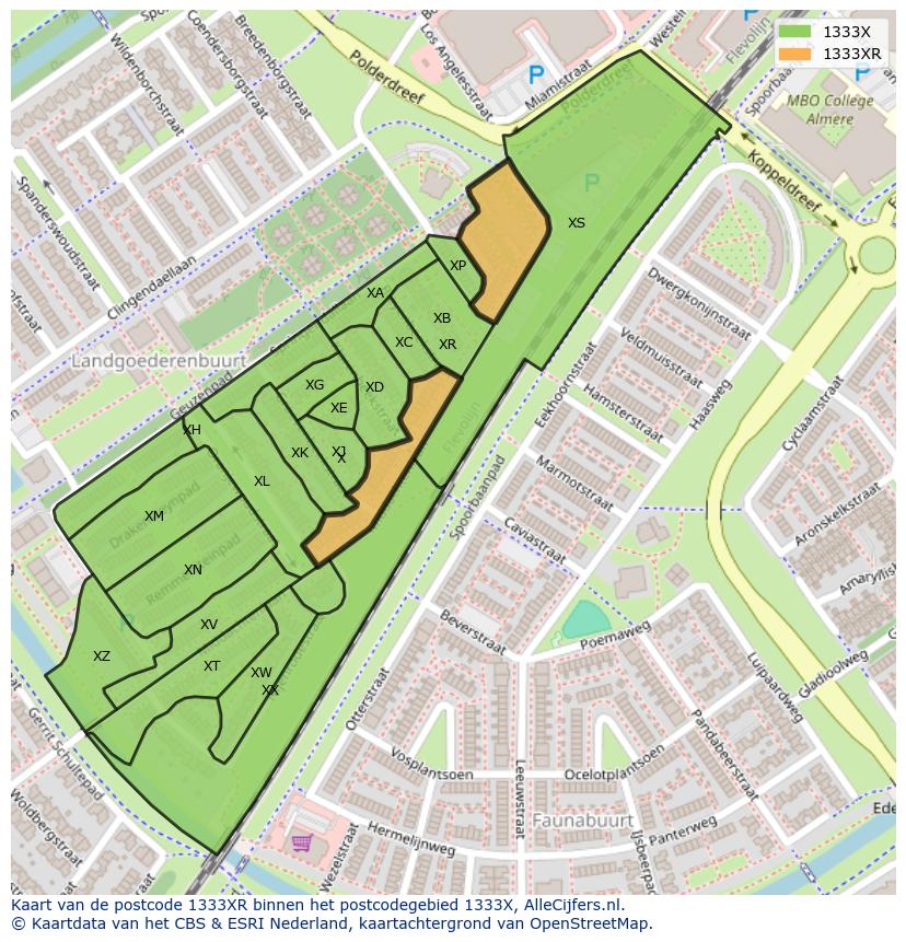 Afbeelding van het postcodegebied 1333 XR op de kaart.