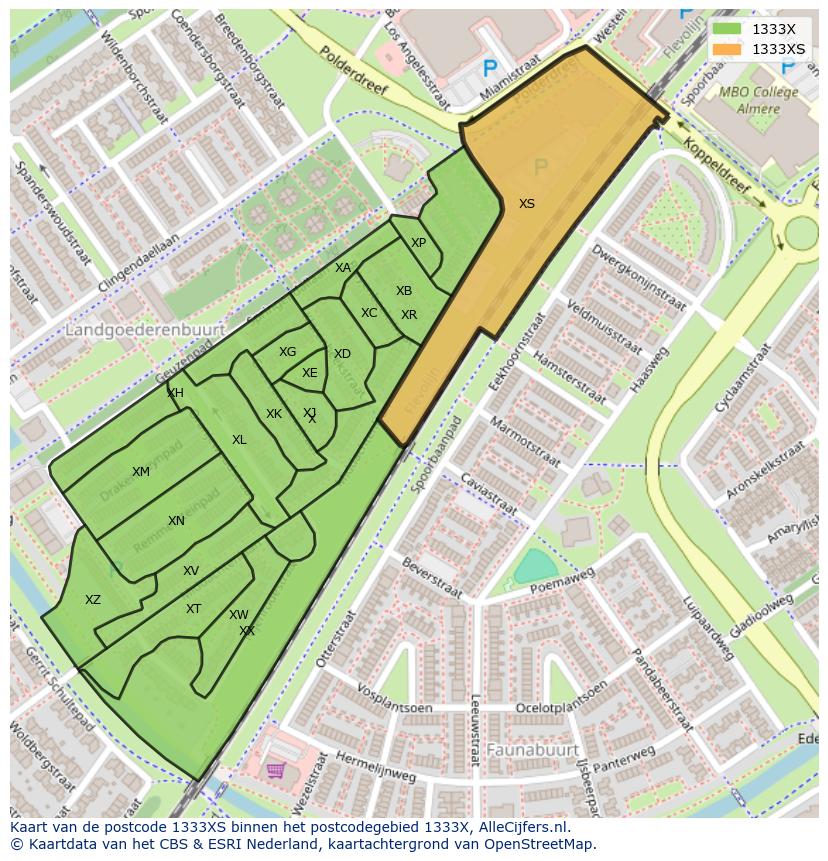 Afbeelding van het postcodegebied 1333 XS op de kaart.