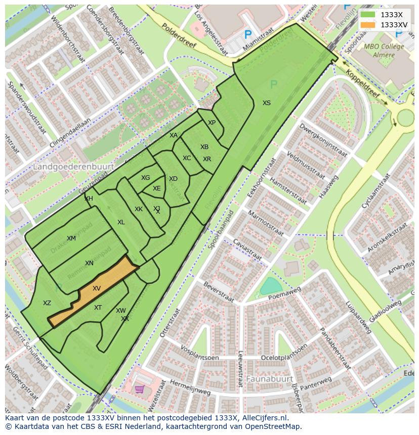 Afbeelding van het postcodegebied 1333 XV op de kaart.