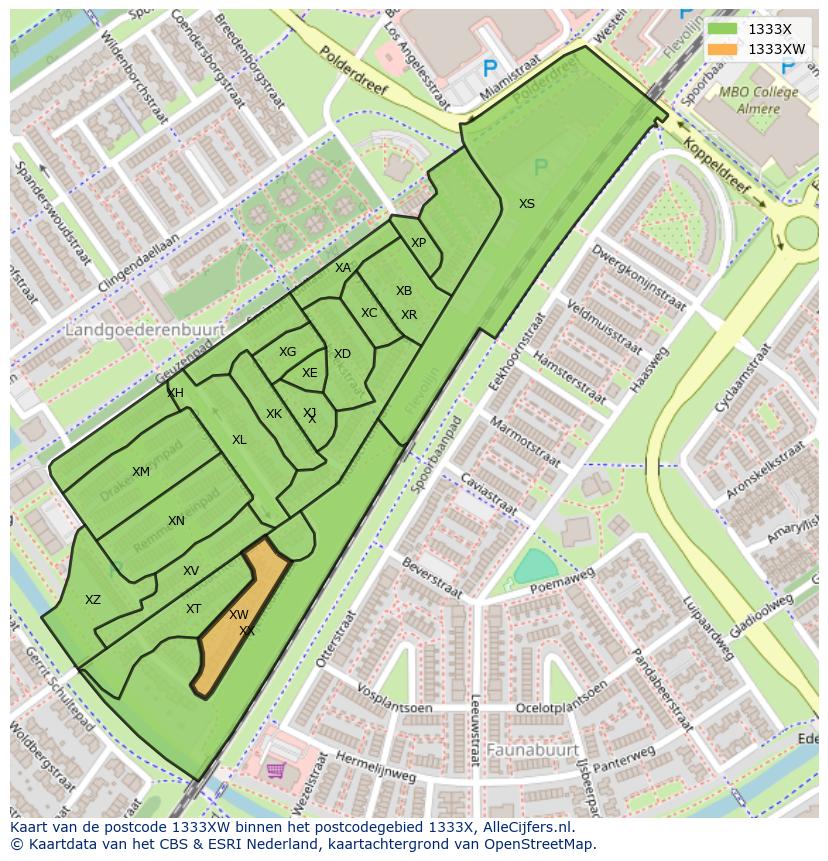 Afbeelding van het postcodegebied 1333 XW op de kaart.