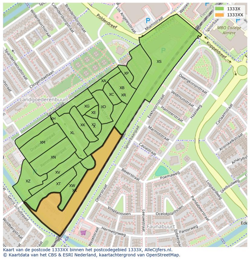 Afbeelding van het postcodegebied 1333 XX op de kaart.