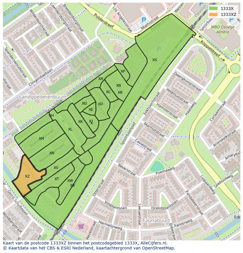 Afbeelding van het postcodegebied 1333 XZ op de kaart.