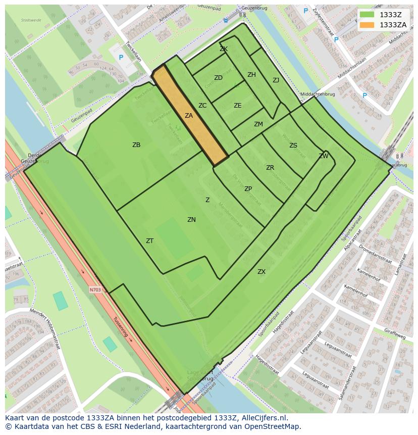 Afbeelding van het postcodegebied 1333 ZA op de kaart.