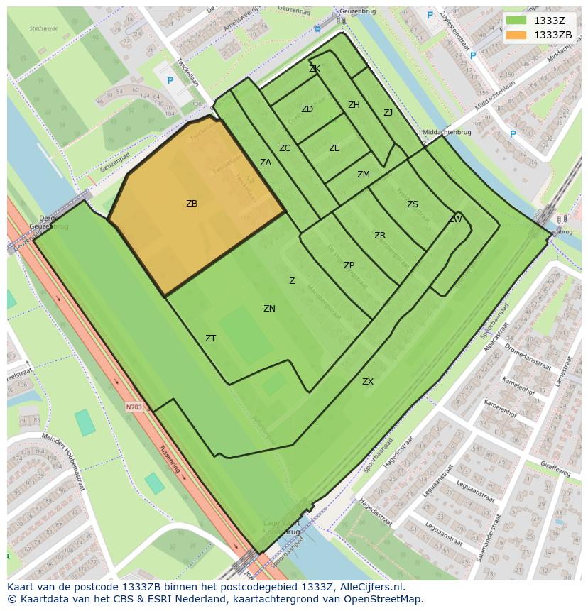 Afbeelding van het postcodegebied 1333 ZB op de kaart.