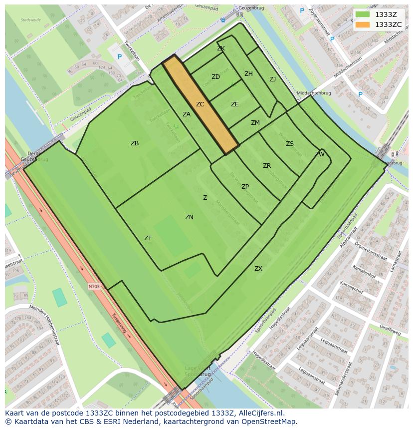 Afbeelding van het postcodegebied 1333 ZC op de kaart.