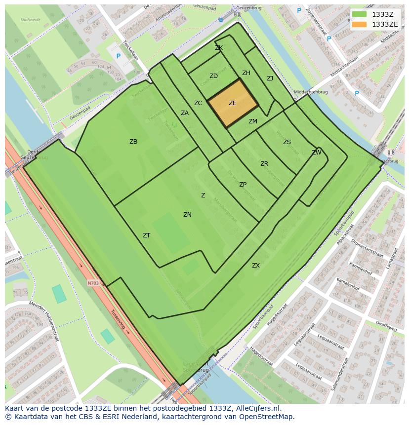 Afbeelding van het postcodegebied 1333 ZE op de kaart.