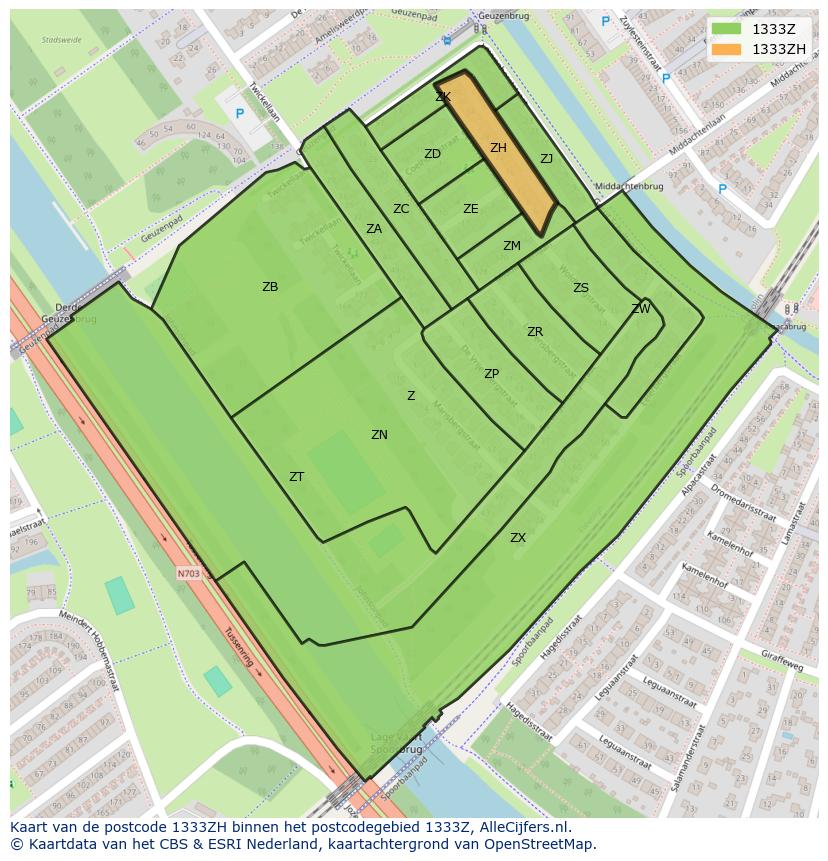 Afbeelding van het postcodegebied 1333 ZH op de kaart.