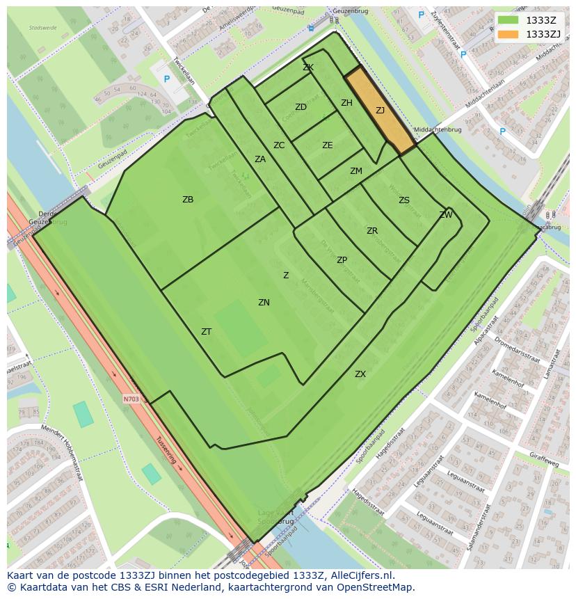 Afbeelding van het postcodegebied 1333 ZJ op de kaart.