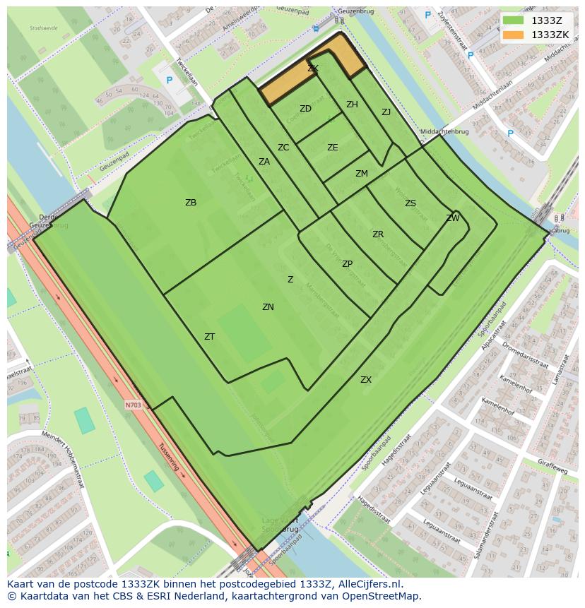 Afbeelding van het postcodegebied 1333 ZK op de kaart.