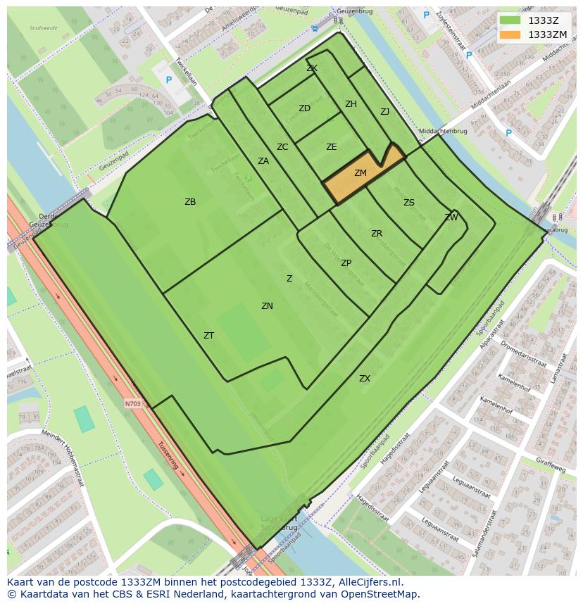 Afbeelding van het postcodegebied 1333 ZM op de kaart.