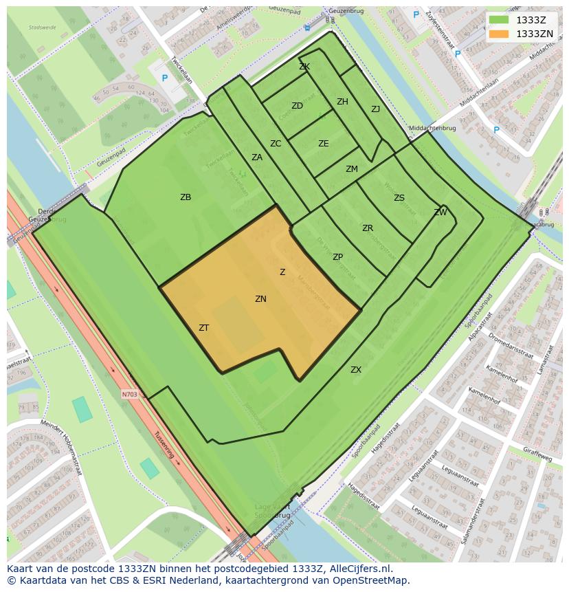 Afbeelding van het postcodegebied 1333 ZN op de kaart.