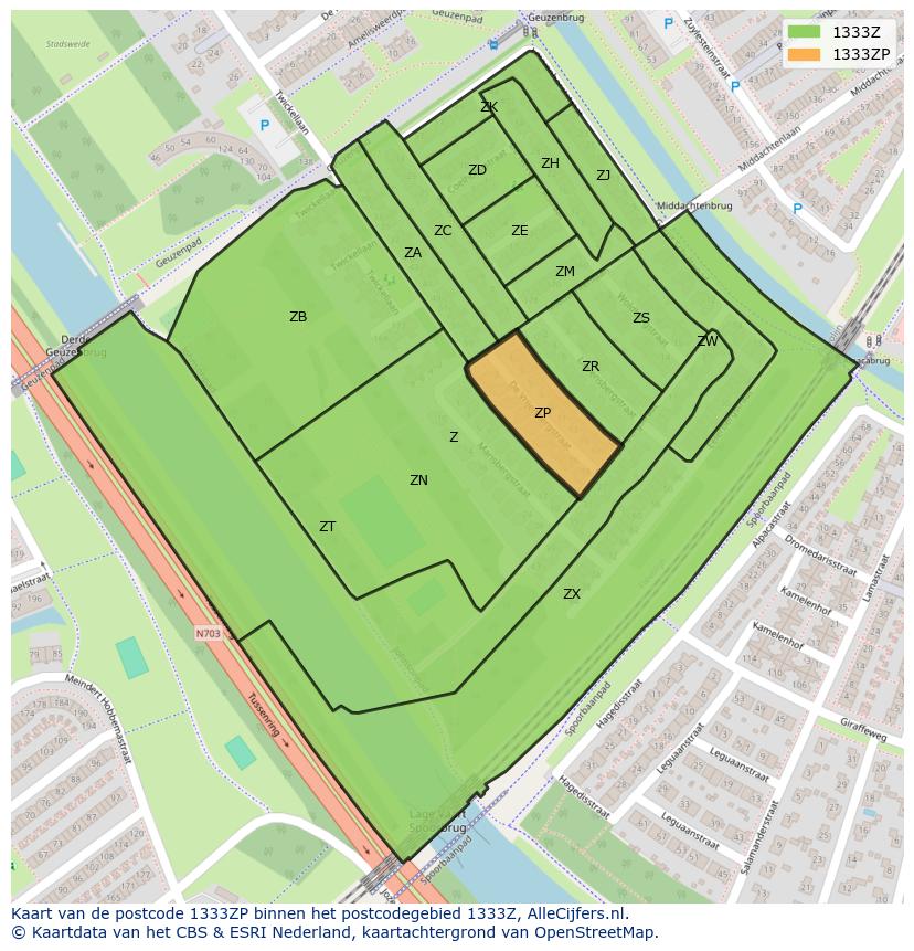 Afbeelding van het postcodegebied 1333 ZP op de kaart.