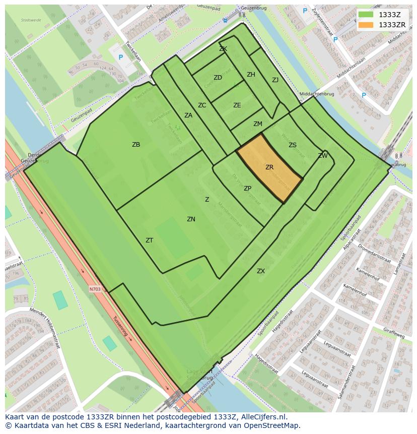 Afbeelding van het postcodegebied 1333 ZR op de kaart.