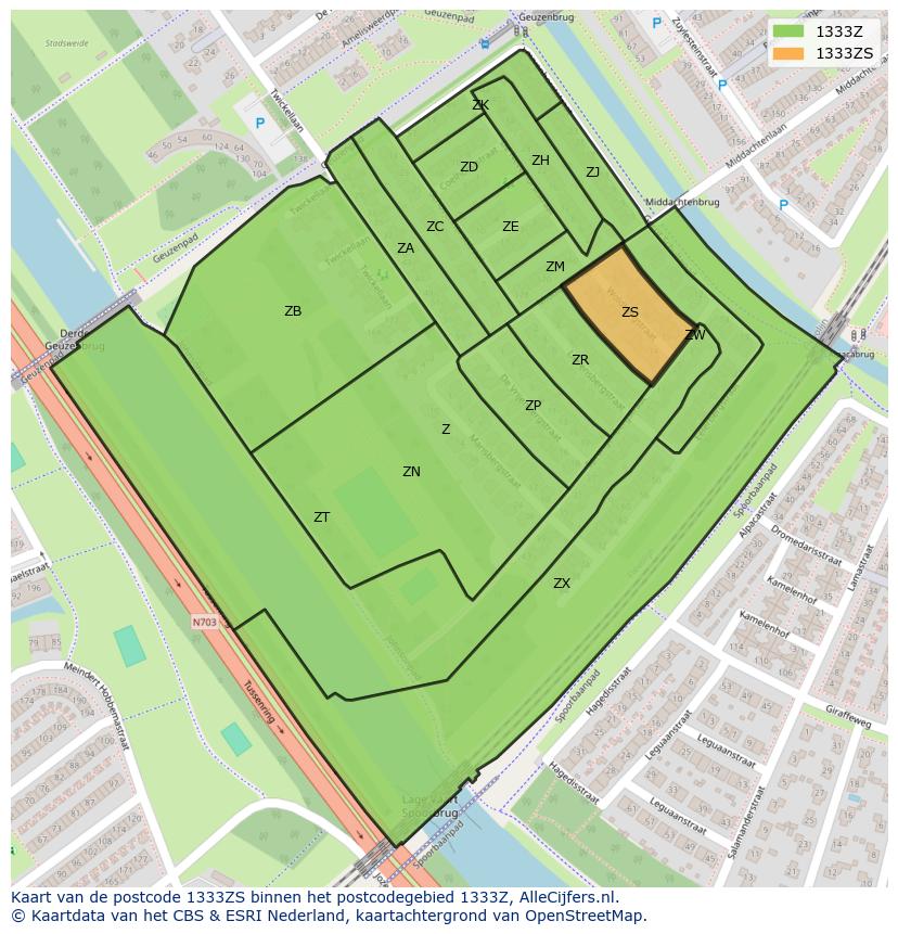 Afbeelding van het postcodegebied 1333 ZS op de kaart.