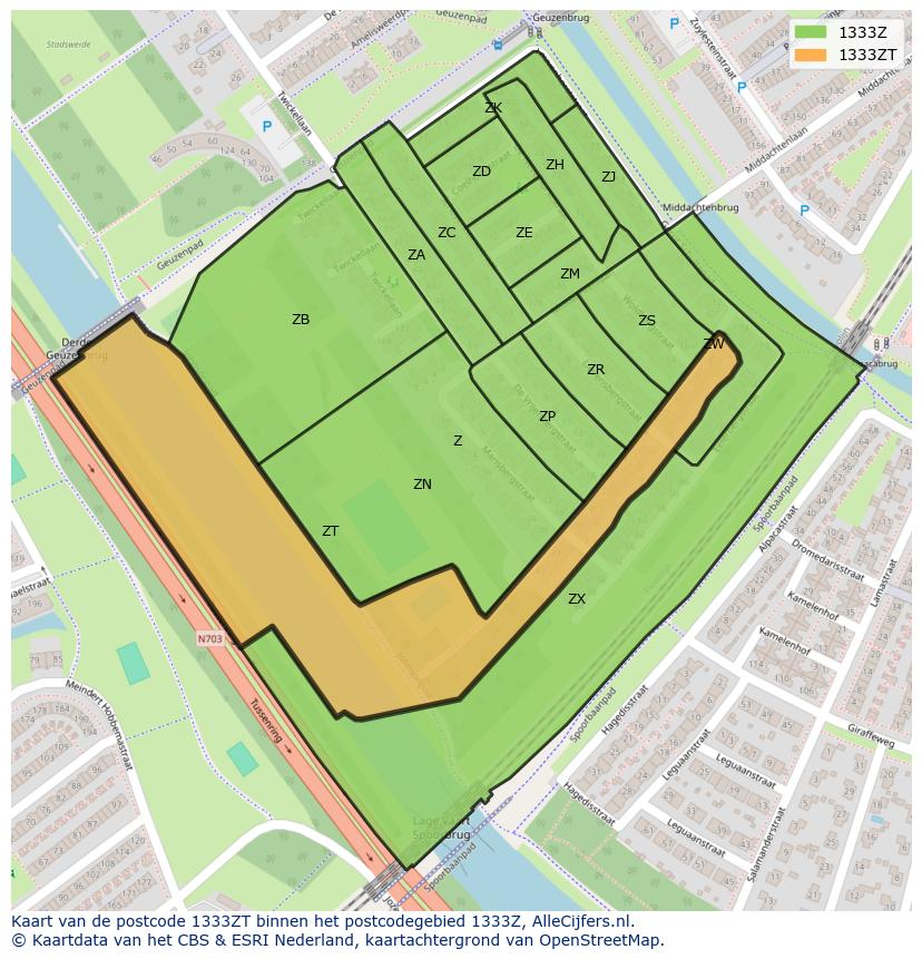 Afbeelding van het postcodegebied 1333 ZT op de kaart.