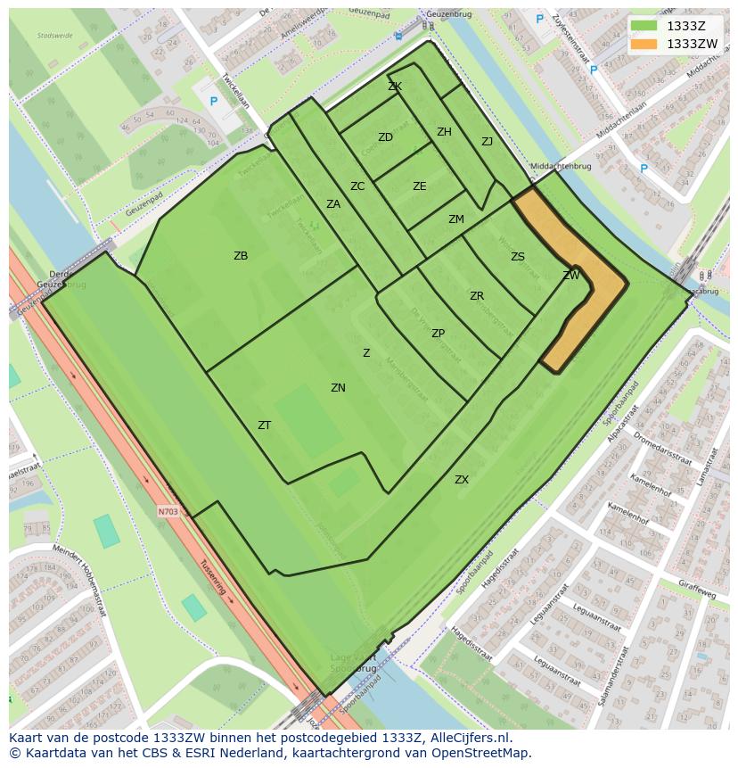 Afbeelding van het postcodegebied 1333 ZW op de kaart.