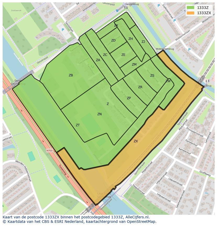 Afbeelding van het postcodegebied 1333 ZX op de kaart.