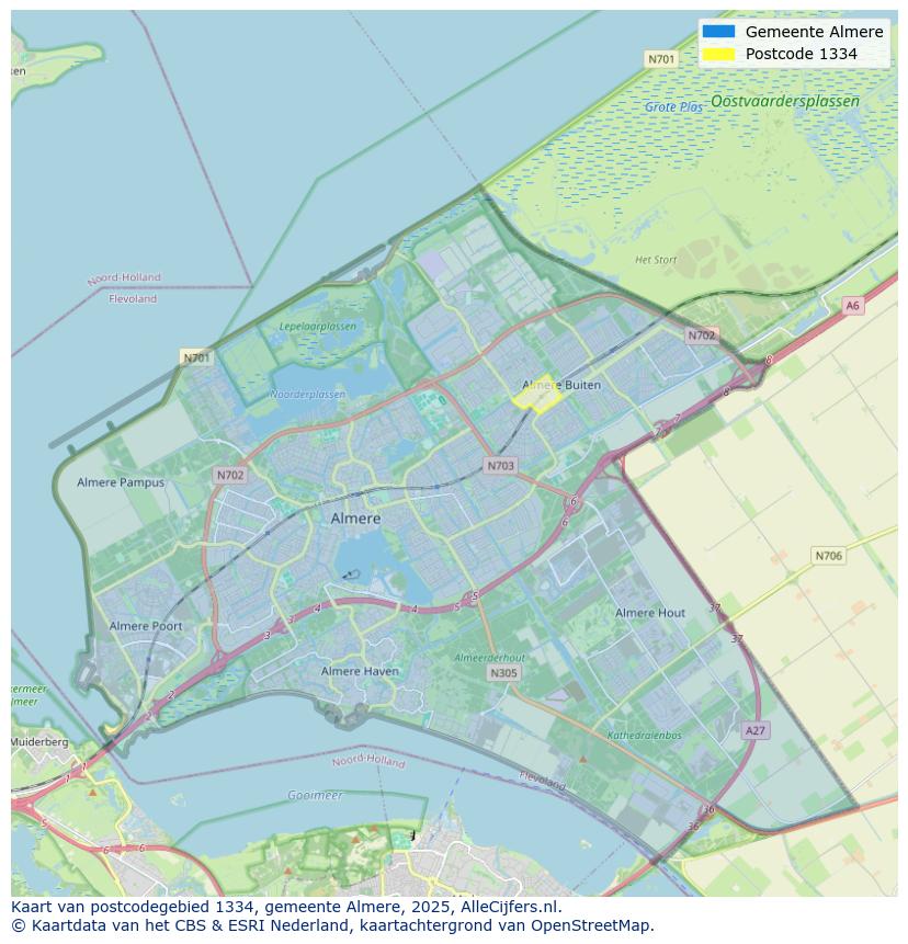 Afbeelding van het postcodegebied 1334 op de kaart.
