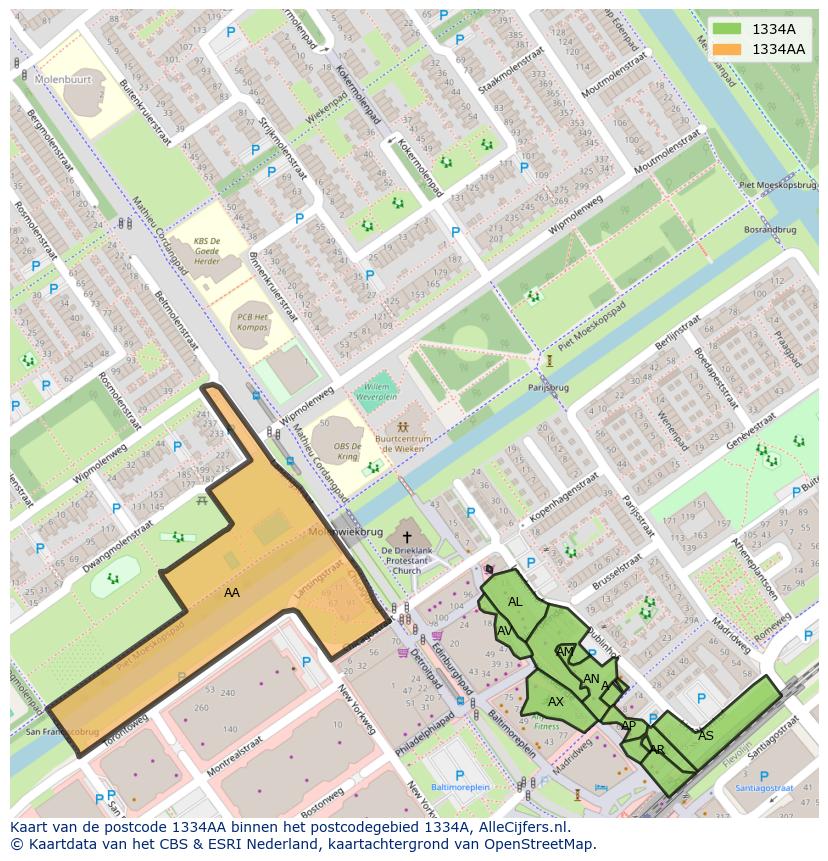 Afbeelding van het postcodegebied 1334 AA op de kaart.