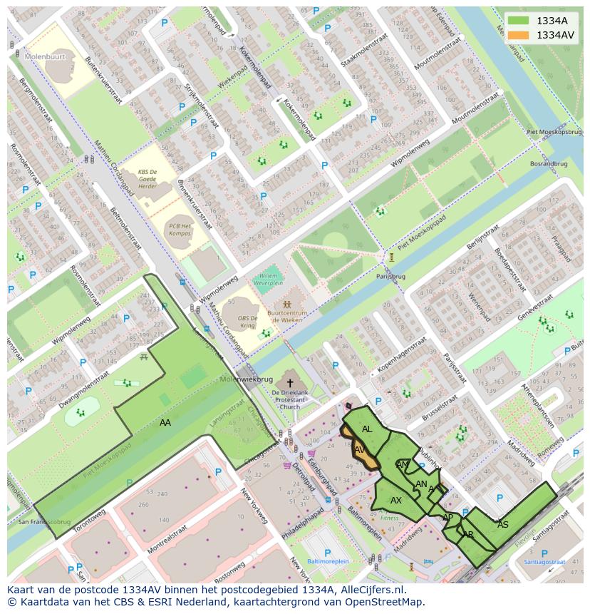 Afbeelding van het postcodegebied 1334 AV op de kaart.