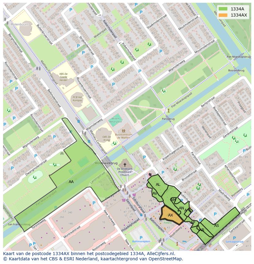 Afbeelding van het postcodegebied 1334 AX op de kaart.