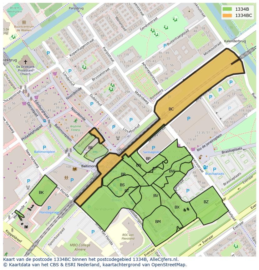 Afbeelding van het postcodegebied 1334 BC op de kaart.