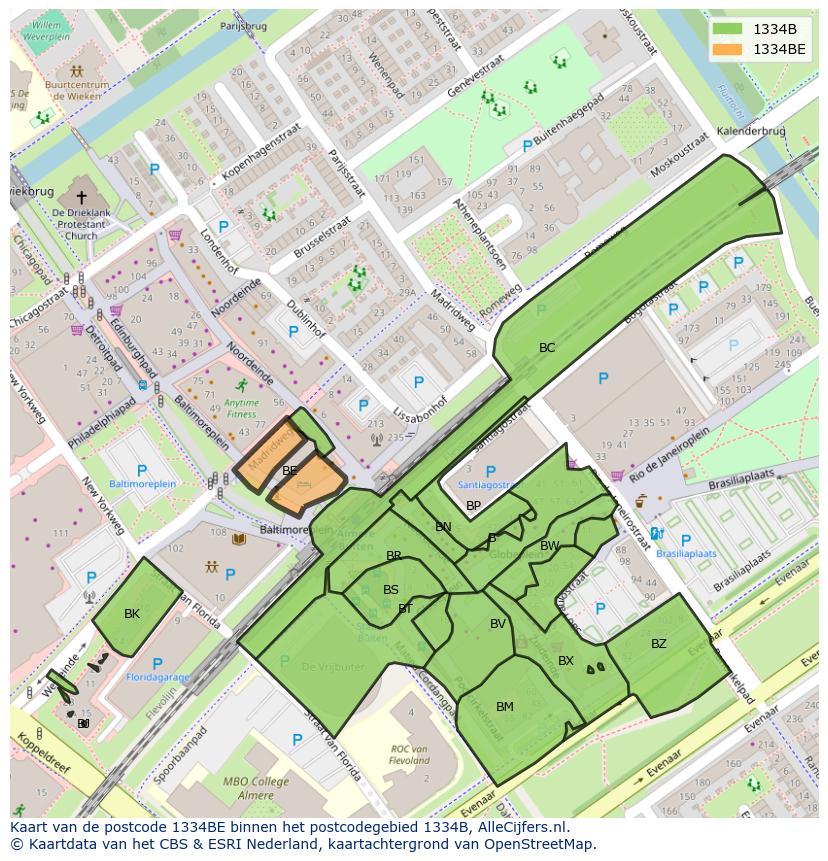 Afbeelding van het postcodegebied 1334 BE op de kaart.