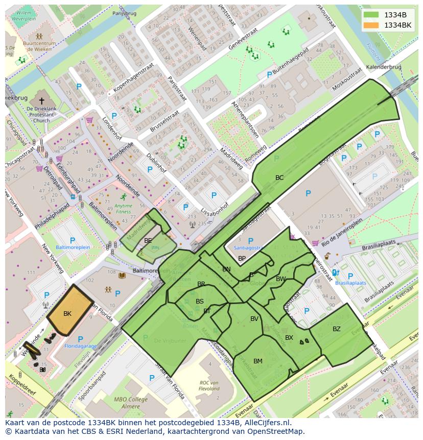 Afbeelding van het postcodegebied 1334 BK op de kaart.