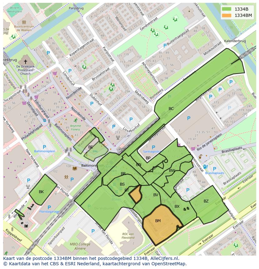 Afbeelding van het postcodegebied 1334 BM op de kaart.