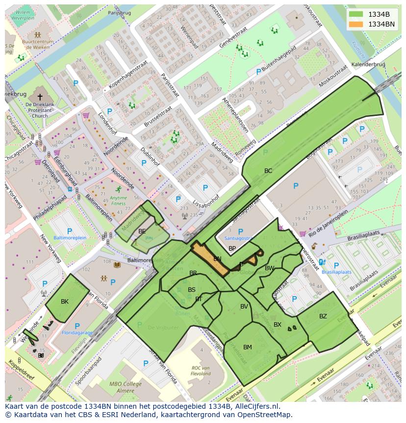 Afbeelding van het postcodegebied 1334 BN op de kaart.