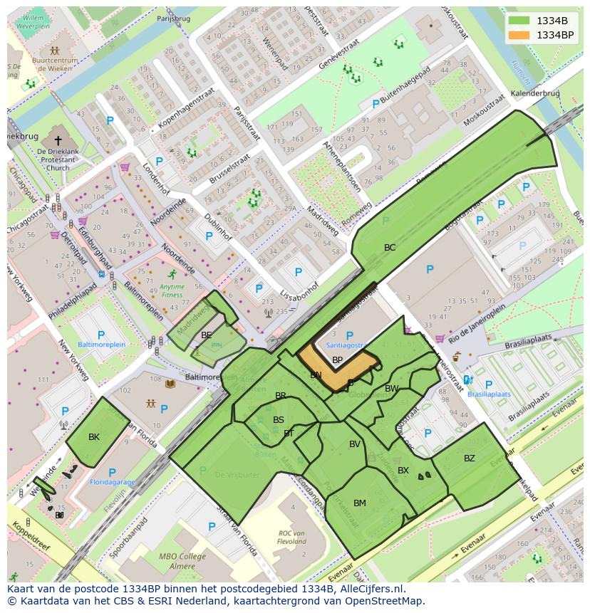 Afbeelding van het postcodegebied 1334 BP op de kaart.